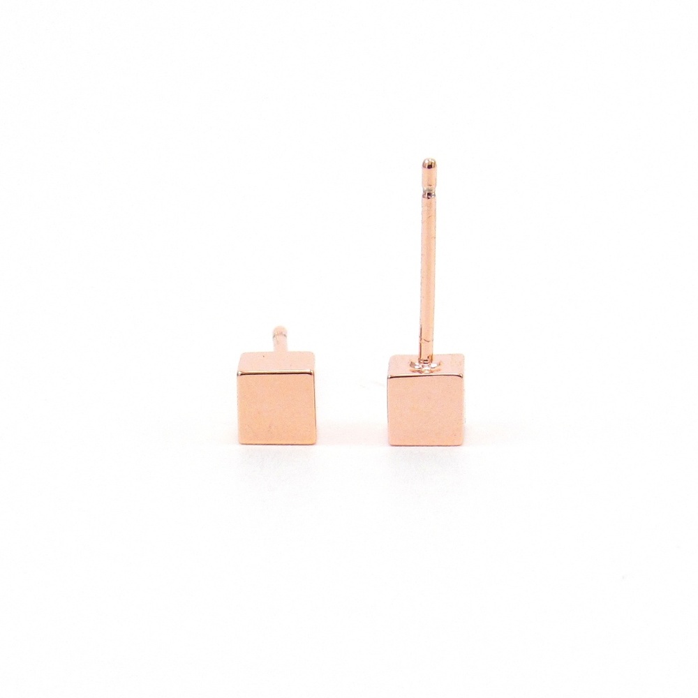 Square Cube Stud Earrings 18K Rose Gold Small Cute